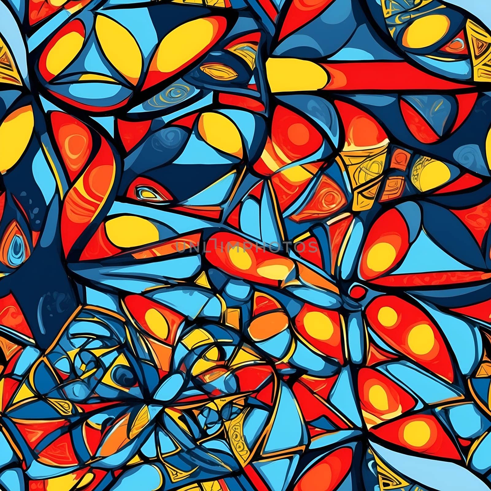 A vibrant painting featuring an array of different colors and shapes, forming a seamless pattern.