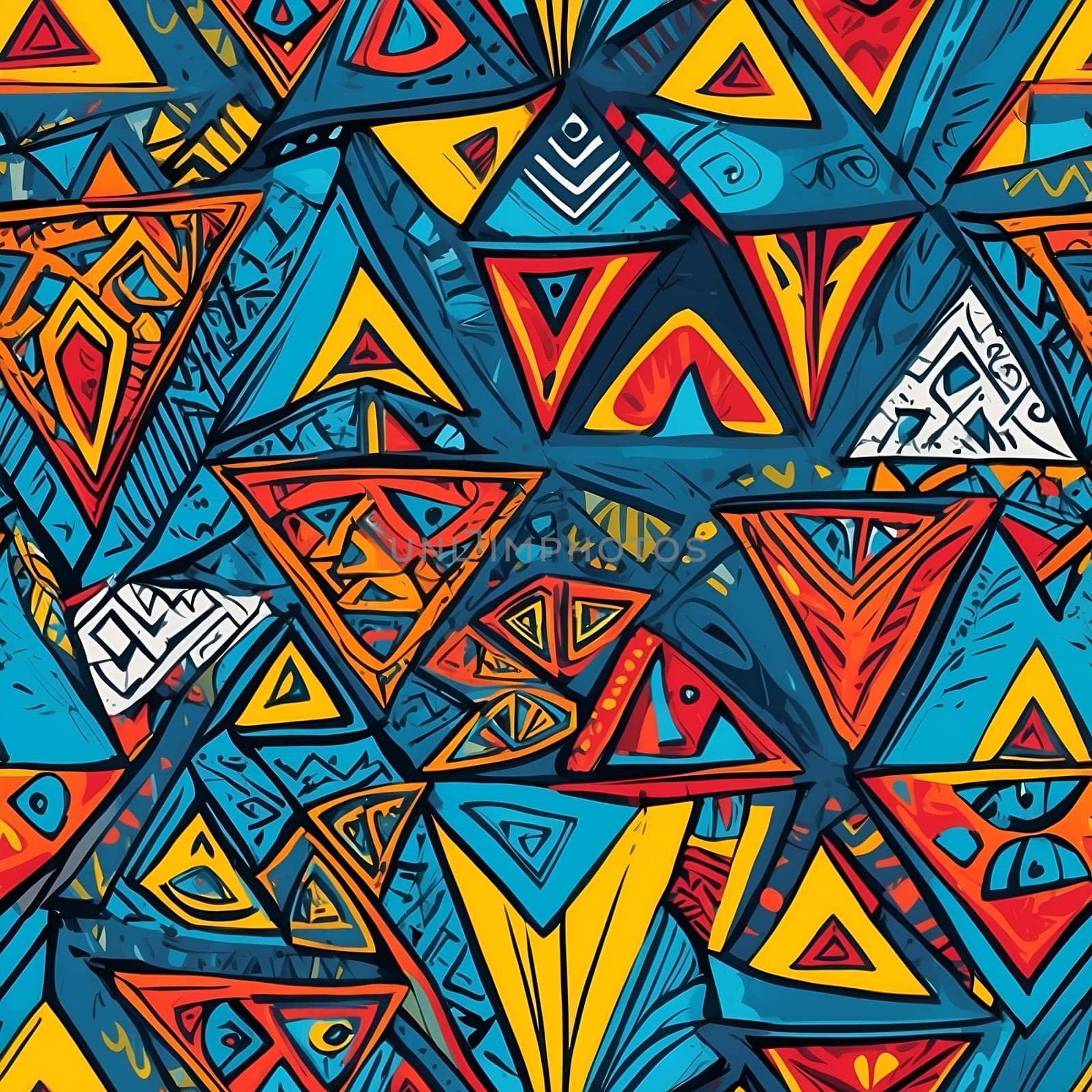 A vibrant and dynamic abstract painting featuring an array of different shapes arranged in a seamless pattern.