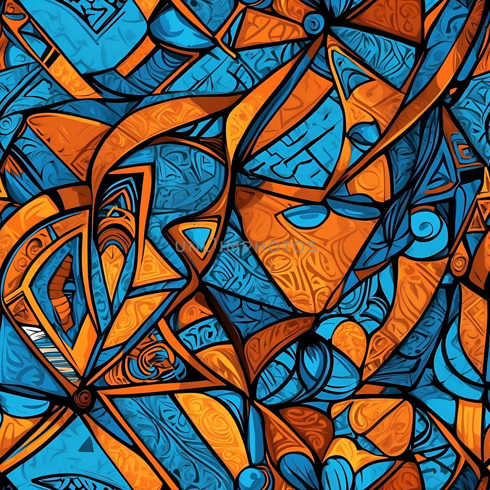 A seamless pattern painting showcasing various blue and orange geometric shapes arranged in an abstract manner.