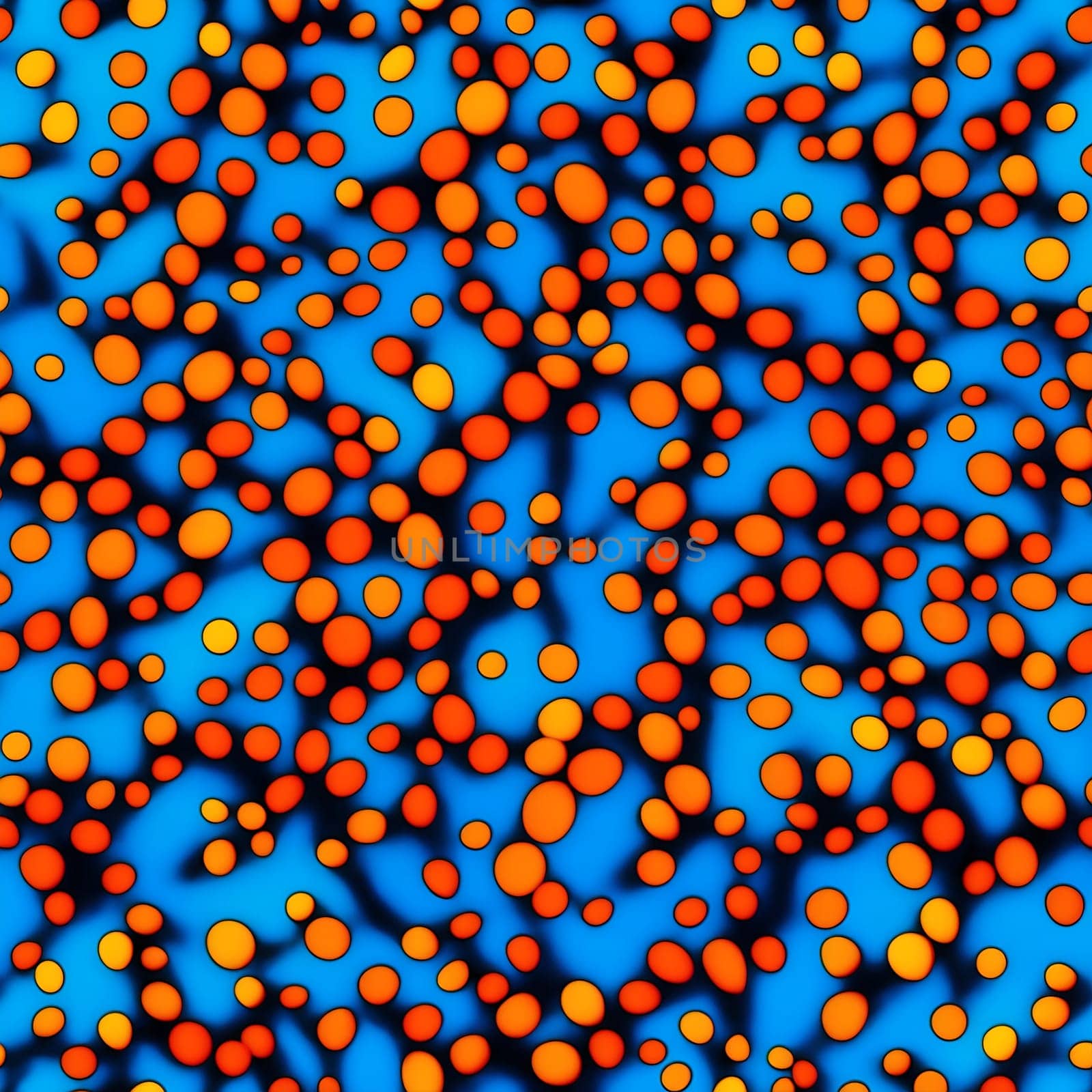 Blue Background With Orange and Yellow Circles, Seamless Pattern. Generative AI. by artofphoto