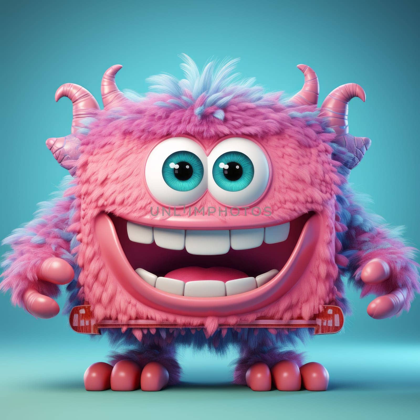 A fluffy pink monster with large blue eyes and horns, grinning on a teal background by Zakharova