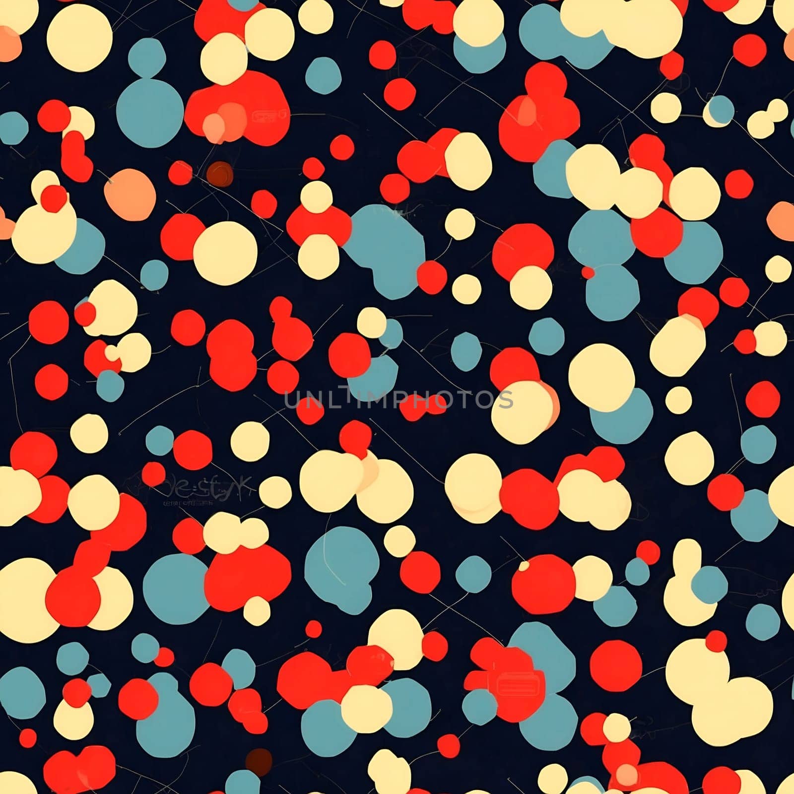 A seamless pattern featuring circles in red, white, and blue against a black background.