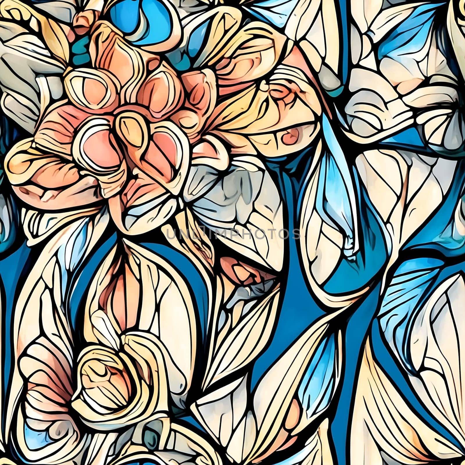 Painting of Various Flowers on a Blue Background. Generative AI. by artofphoto