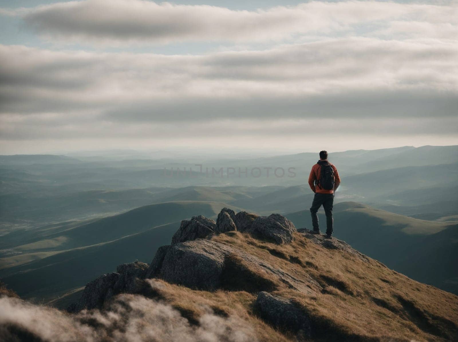 Adventurous Man Standing on Mountain Summit With Backpack. Generative AI. by artofphoto