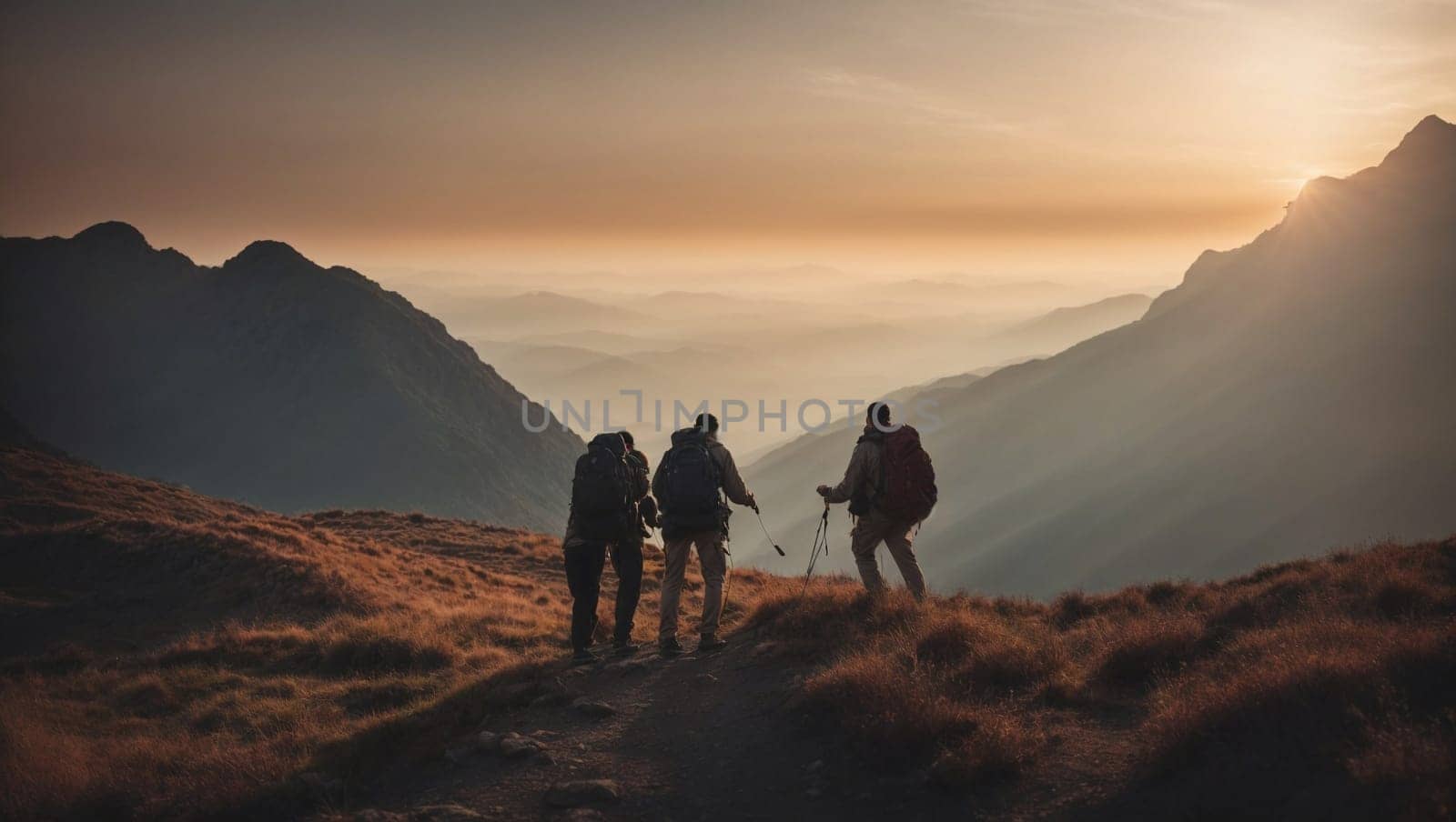 Group of People Hiking Up a Hill. Generative AI. by artofphoto