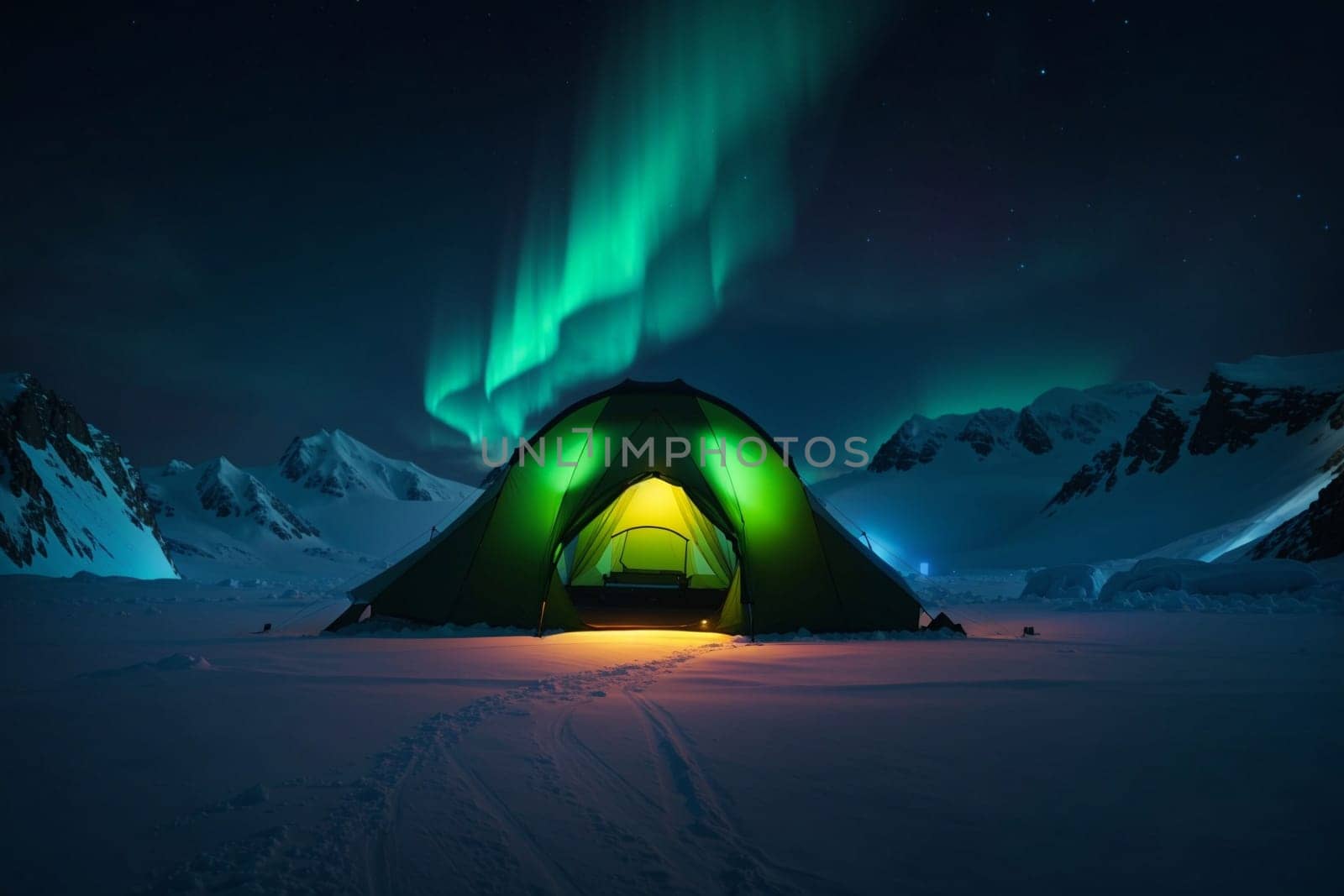 A lone tent stands in the middle of a snowy field, providing refuge in the midst of a wintry scene.