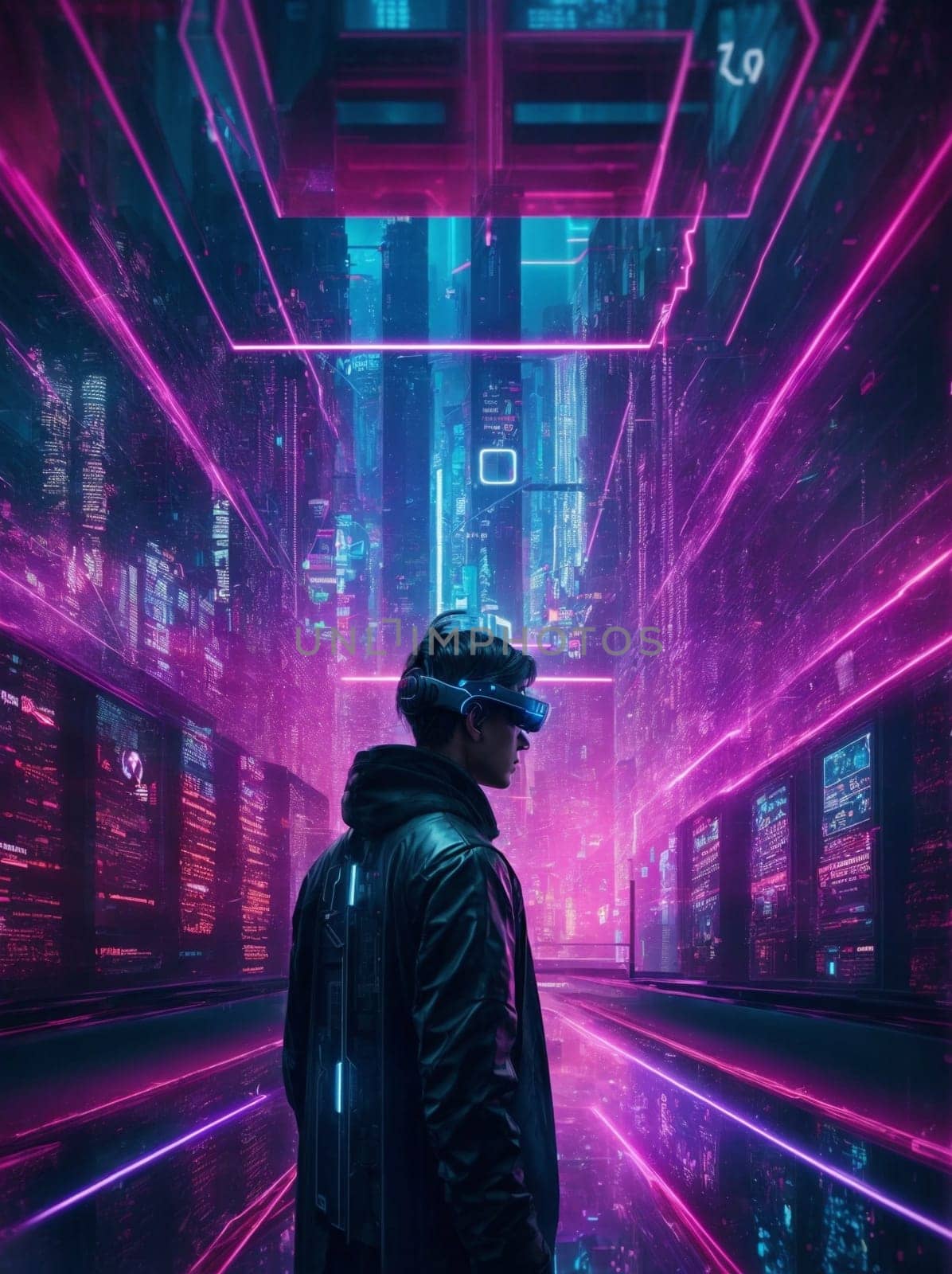 An urban scene of a man standing confidently in a tunnel illuminated by vibrant neon lights.