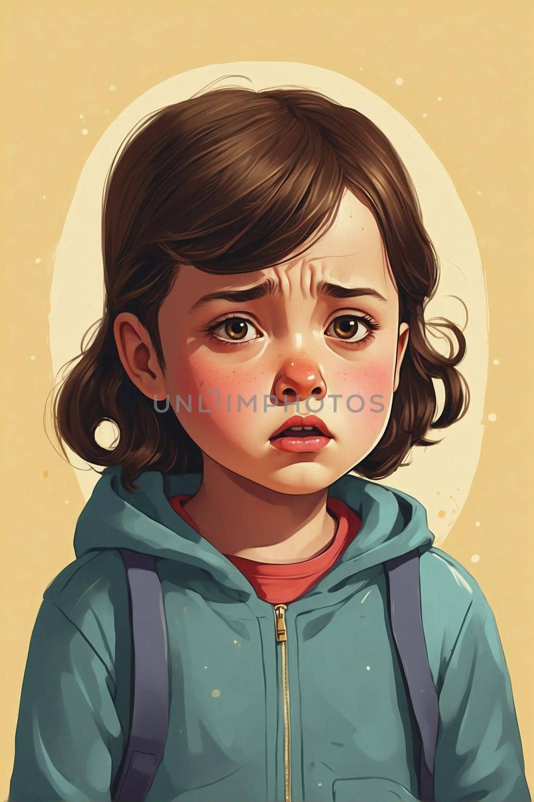 An emotional artwork depicting a young girl with a sad expression on her face.