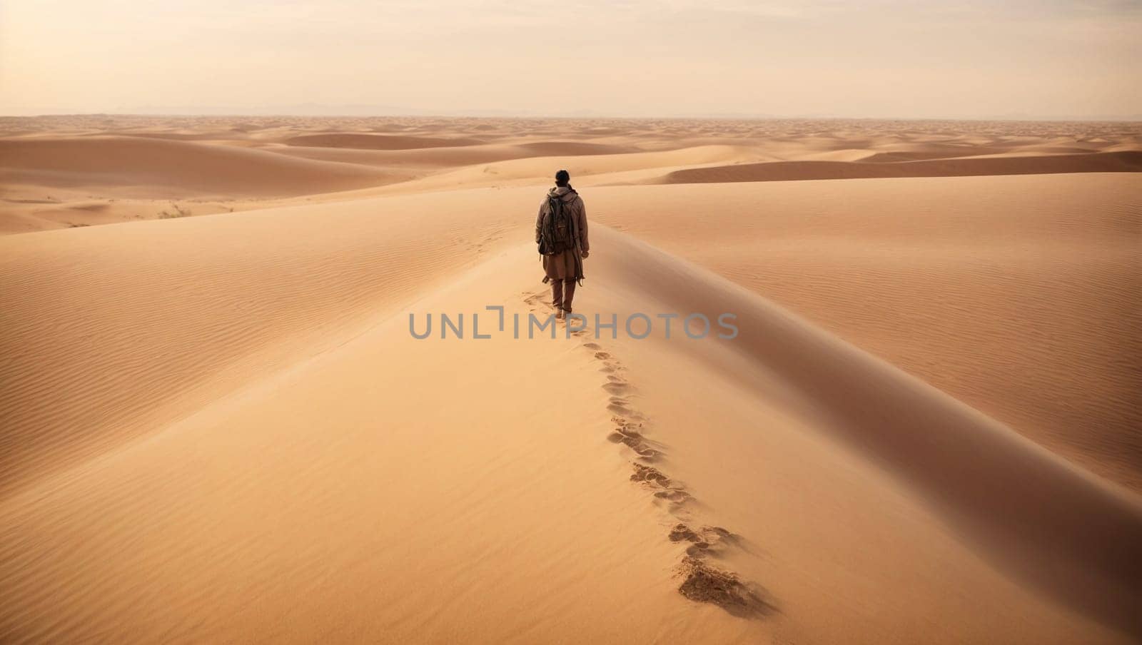 A Man Walking Across a Vast Sandy Desert, Under a Clear Blue Sky. Generative AI. by artofphoto