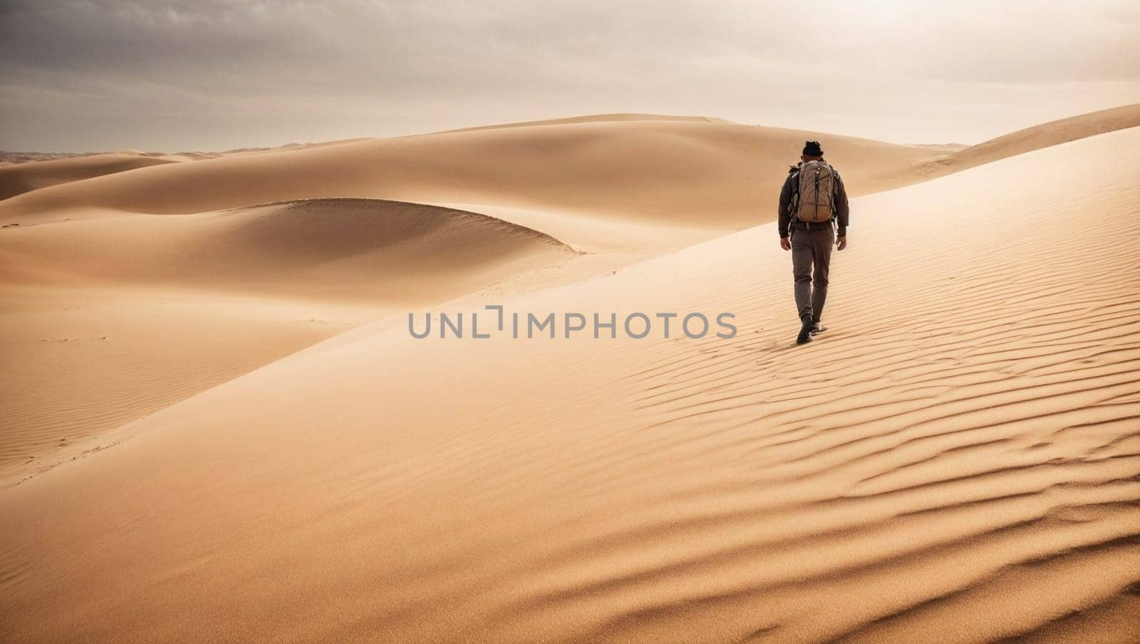A man walks across a vast sandy desert field, with the sun casting long shadows behind him.