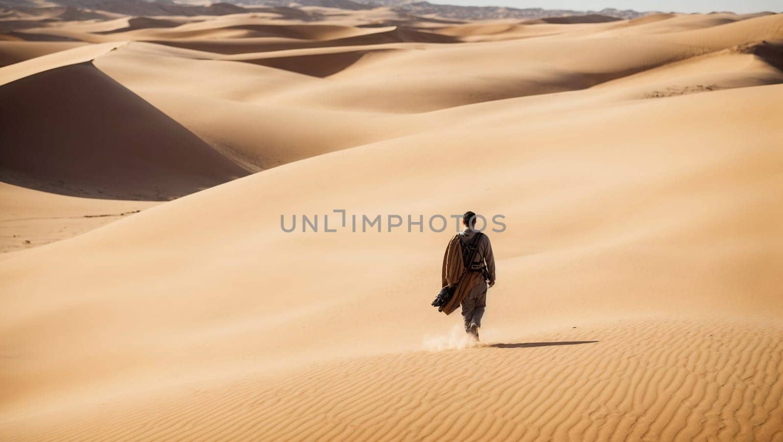 Man Walking Across Sand-Covered Desert. Generative AI. by artofphoto
