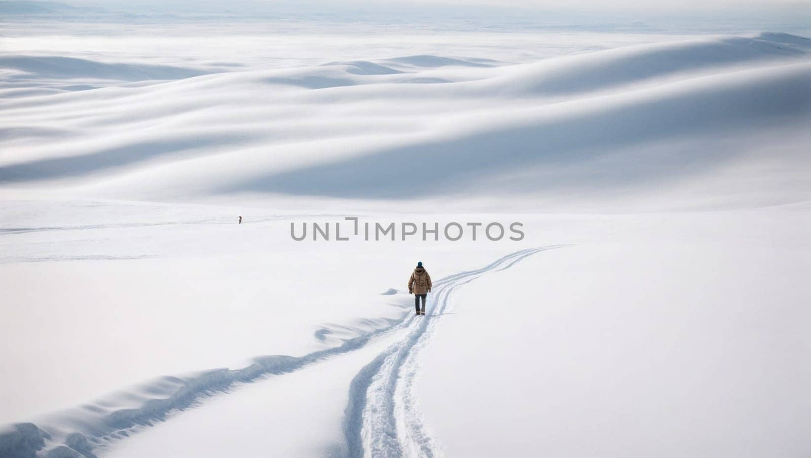 Person Walking Across Snow Covered Field. Generative AI. by artofphoto
