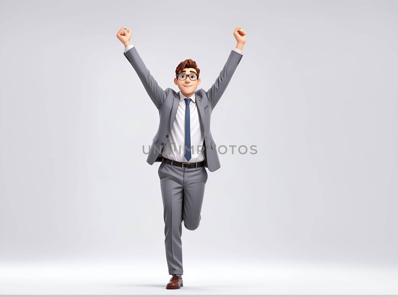 A professional man wearing a suit and tie jumps energetically against a clear blue sky.