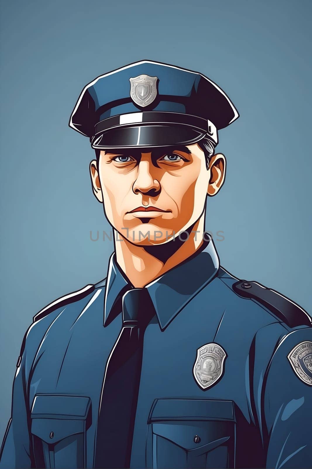 A detailed drawing of a man wearing a police uniform, depicting a law enforcement officer in action.