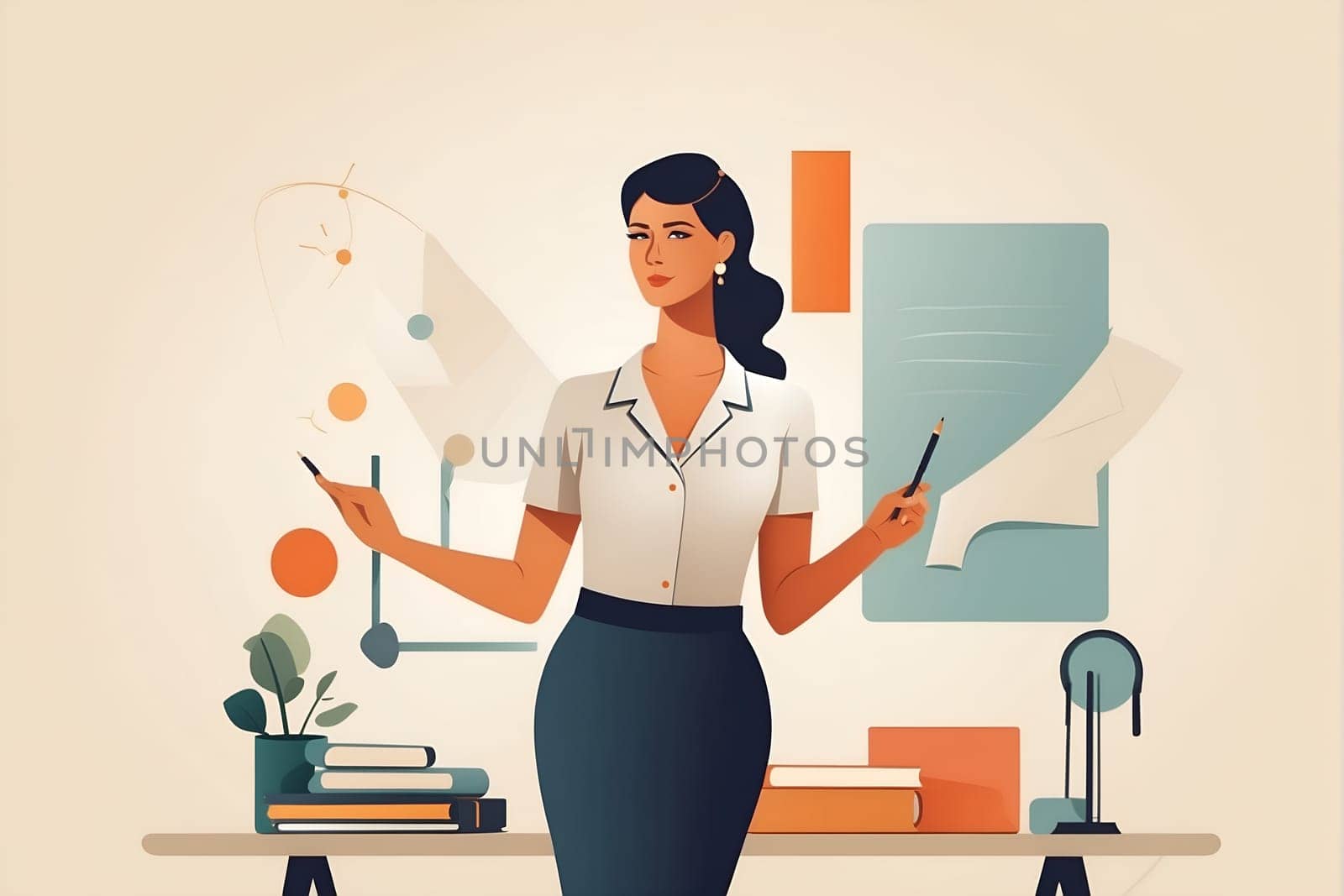 Woman Standing in Front of Desk Holding Pen. Generative AI. by artofphoto