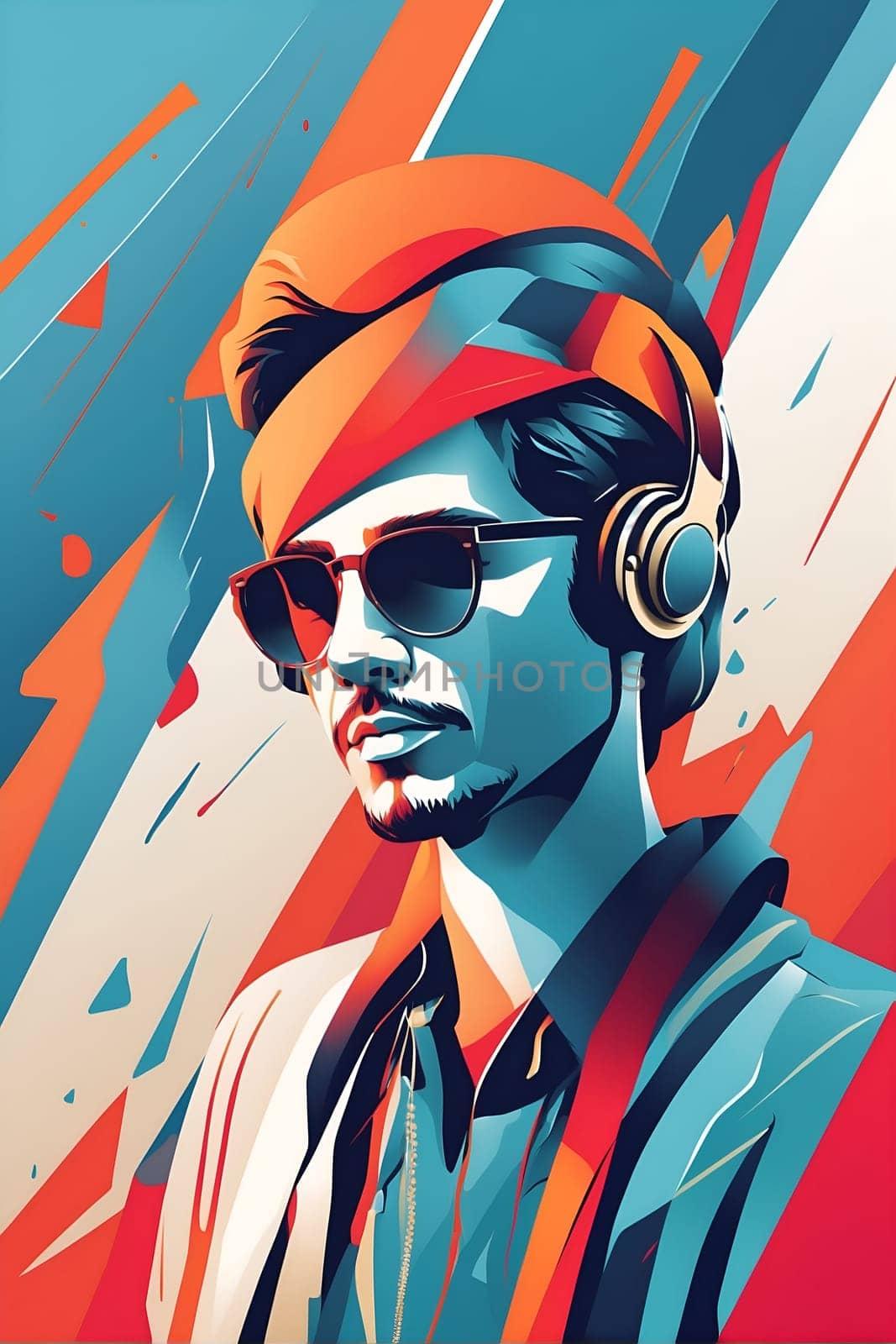This lively painting showcases a man wearing headphones, immersed in his own musical world.