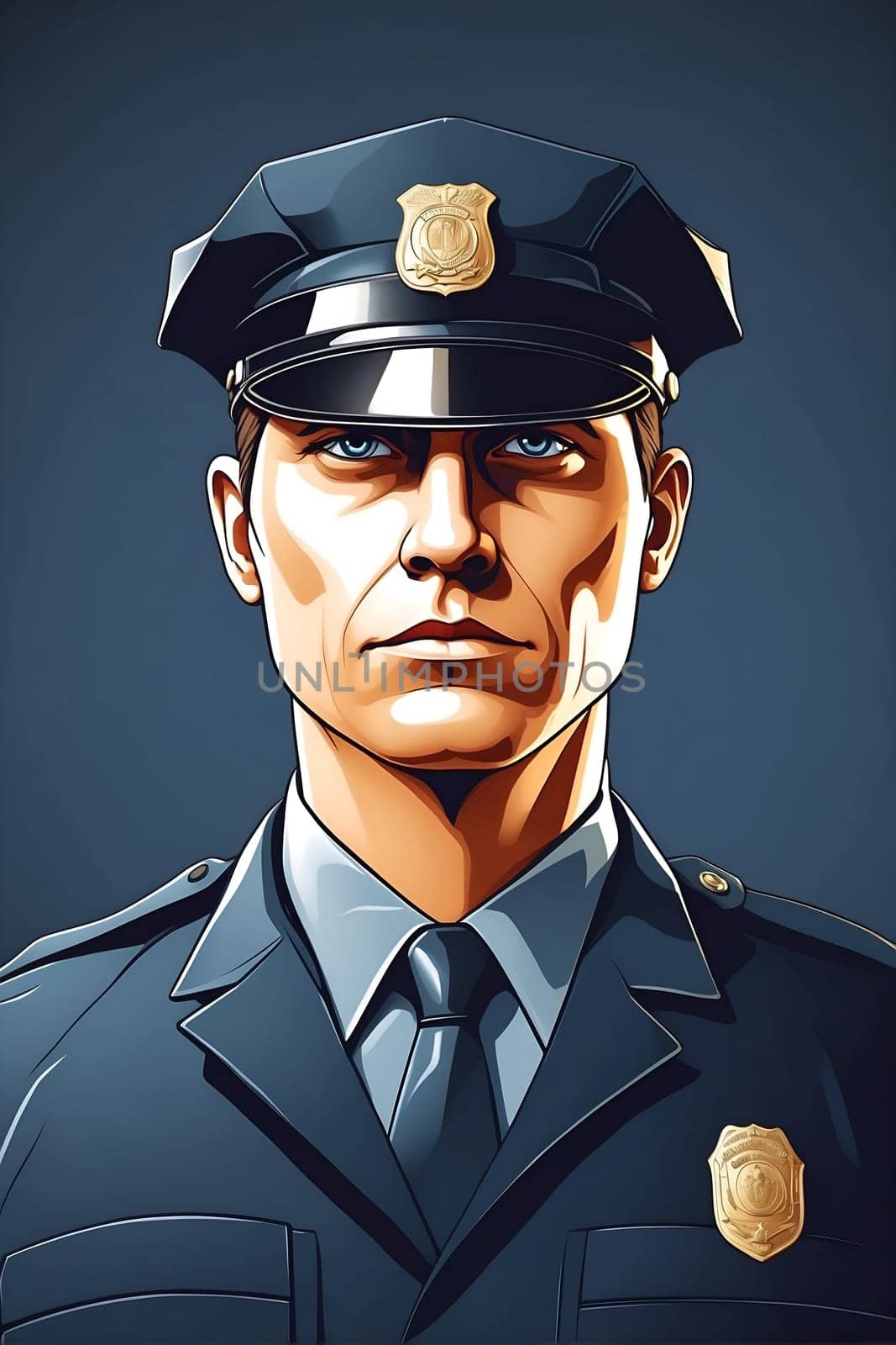 A police officer in a uniform with striking blue eyes embodies authority and vigilance, ensuring safety and upholding the law.