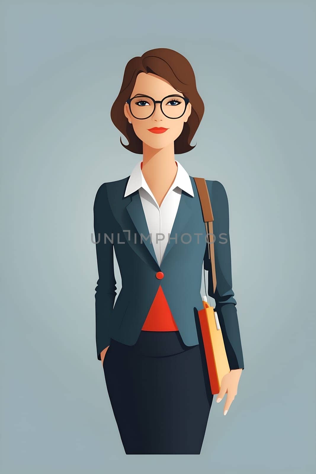 A woman in a business suit confidently holds a folder, ready for an important meeting.