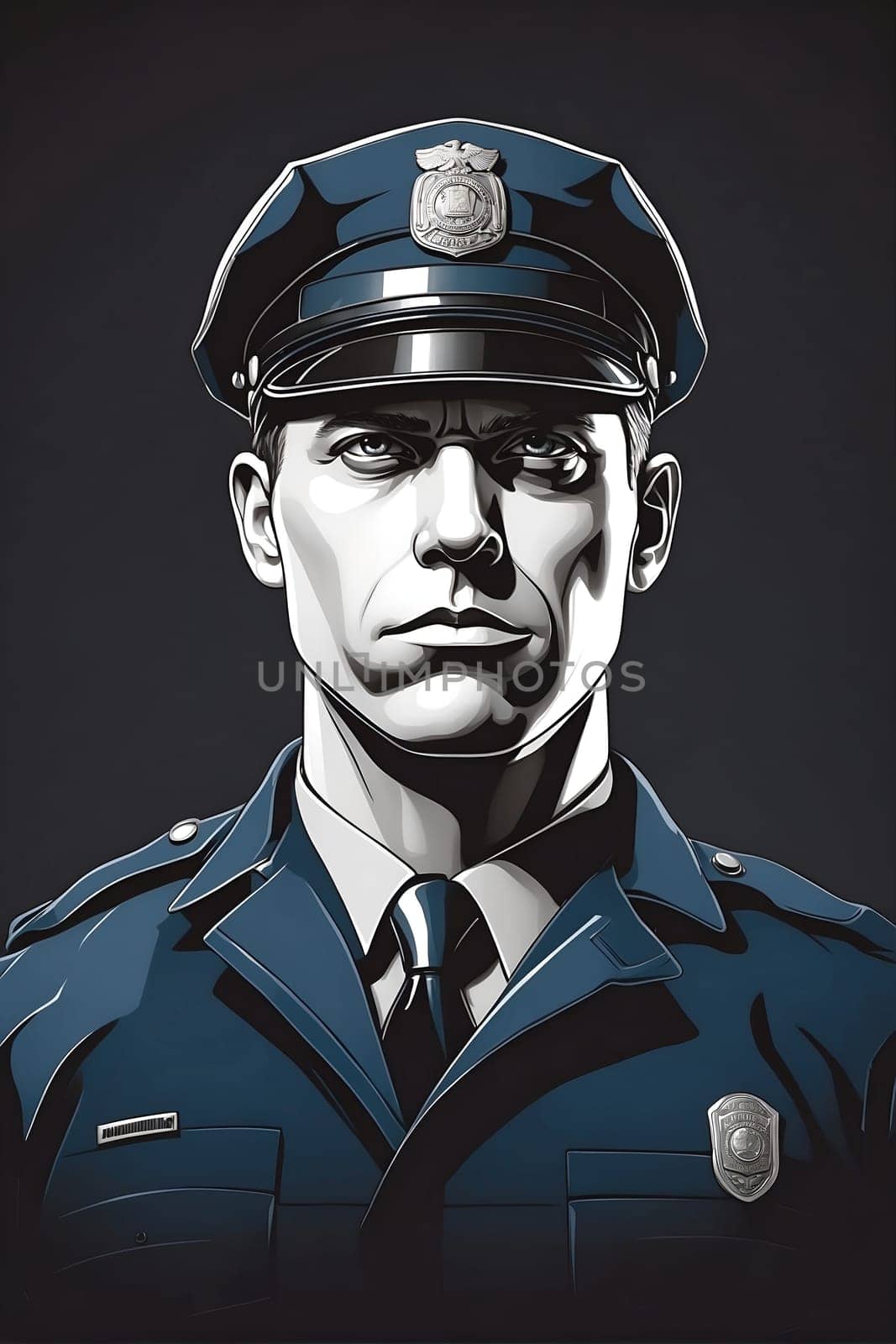 A striking painting depicting a man dressed in a police uniform, capturing the essence and authority of law enforcement.