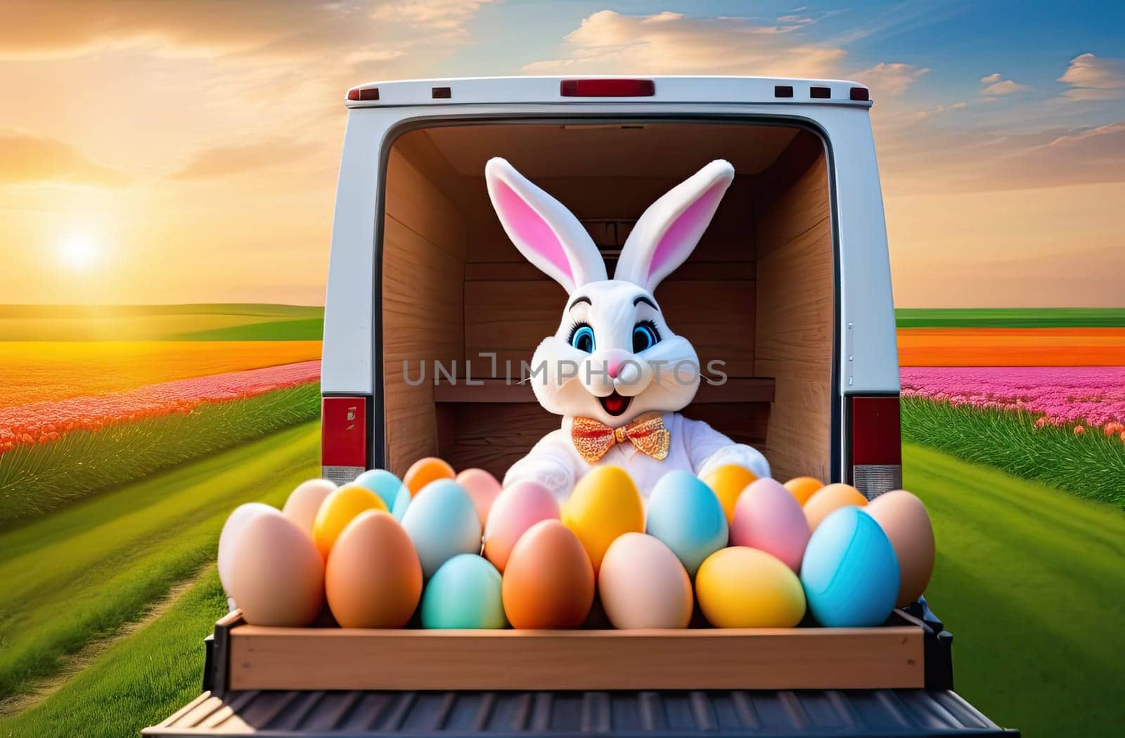 Easter concept. A white cartoon and cheerful bunny sits in a car truck with Easter colorful eggs. Truck on the background of the road and green grass with flowers, sunset rays of the sun. Egg delivery. Close-up.