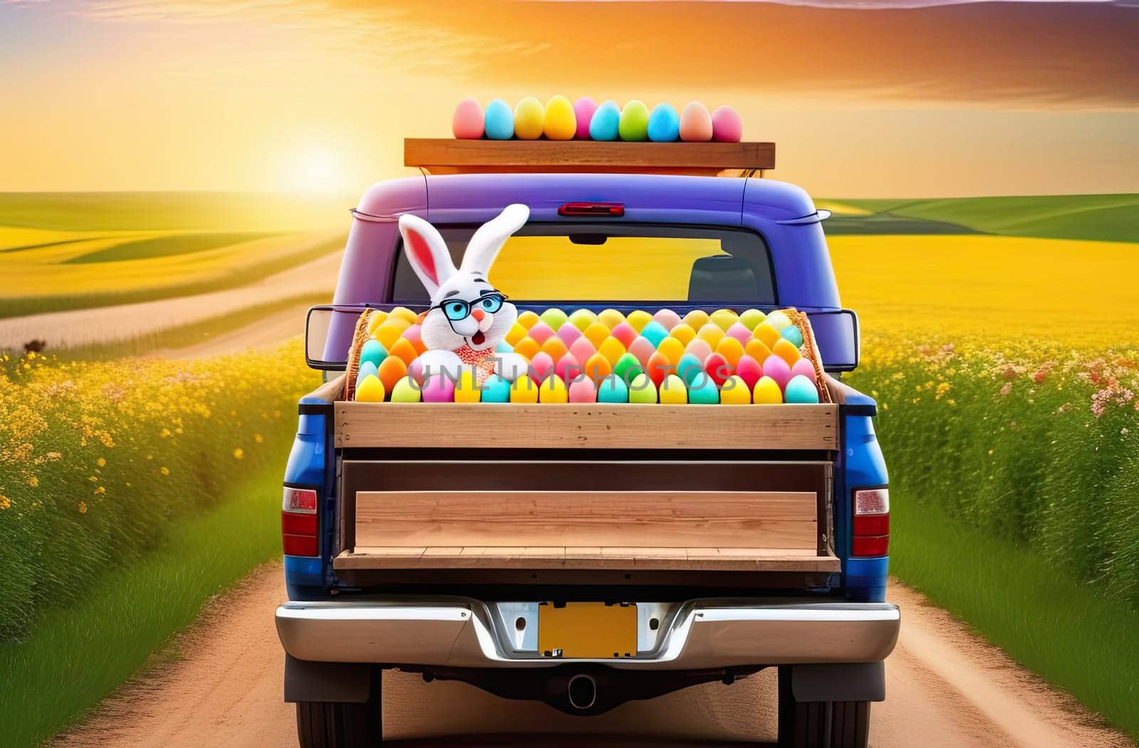 Easter concept. A white toy and cheerful rabbit with glasses sits in the truck of a car with Easter colorful eggs. Truck on the background of the road and green grass with flowers, sunset rays of the sun. Egg delivery.Close-up.