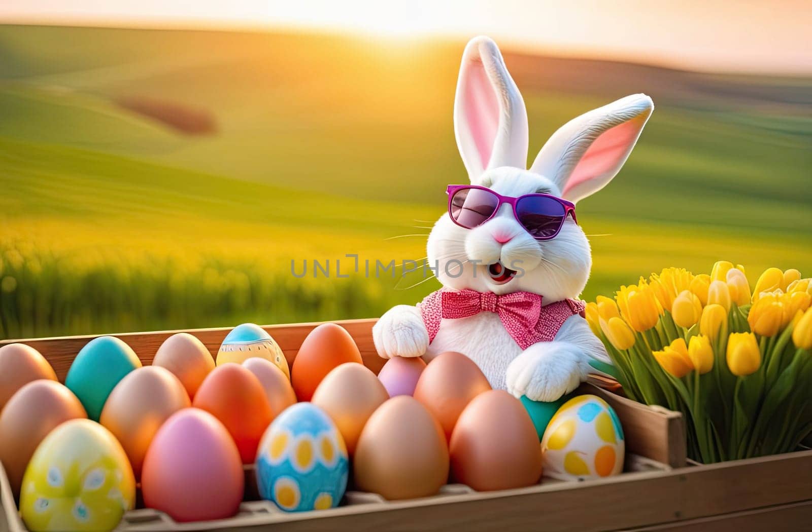 Easter concept. A white toy and cheerful rabbit with glasses sits in the truck of a car with Easter colorful eggs. Truck on the background of the road and green grass with flowers, sunset rays of the sun. Egg delivery.Close-up.