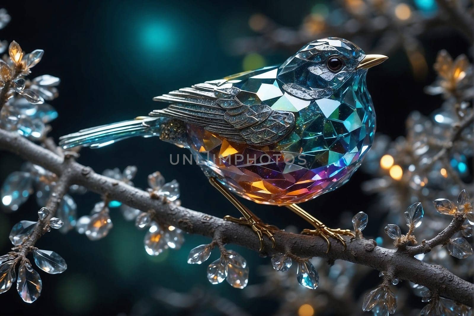 Crystal Bird Perched on Tree Branch. Generative AI. by artofphoto