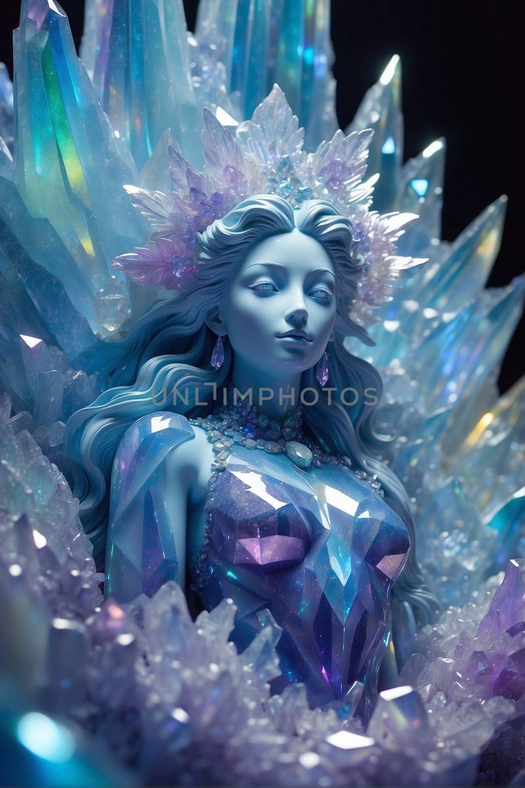 Statue of a Woman Sitting on Crystal Throne. Generative AI. by artofphoto