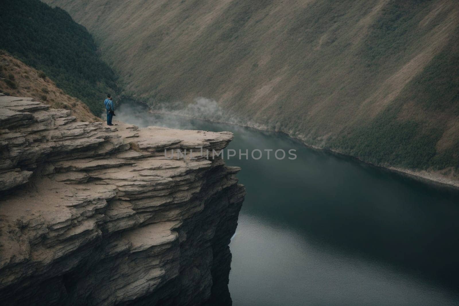 Person Standing on Cliff Overlooking Beautiful Water Landscape. Generative AI. by artofphoto