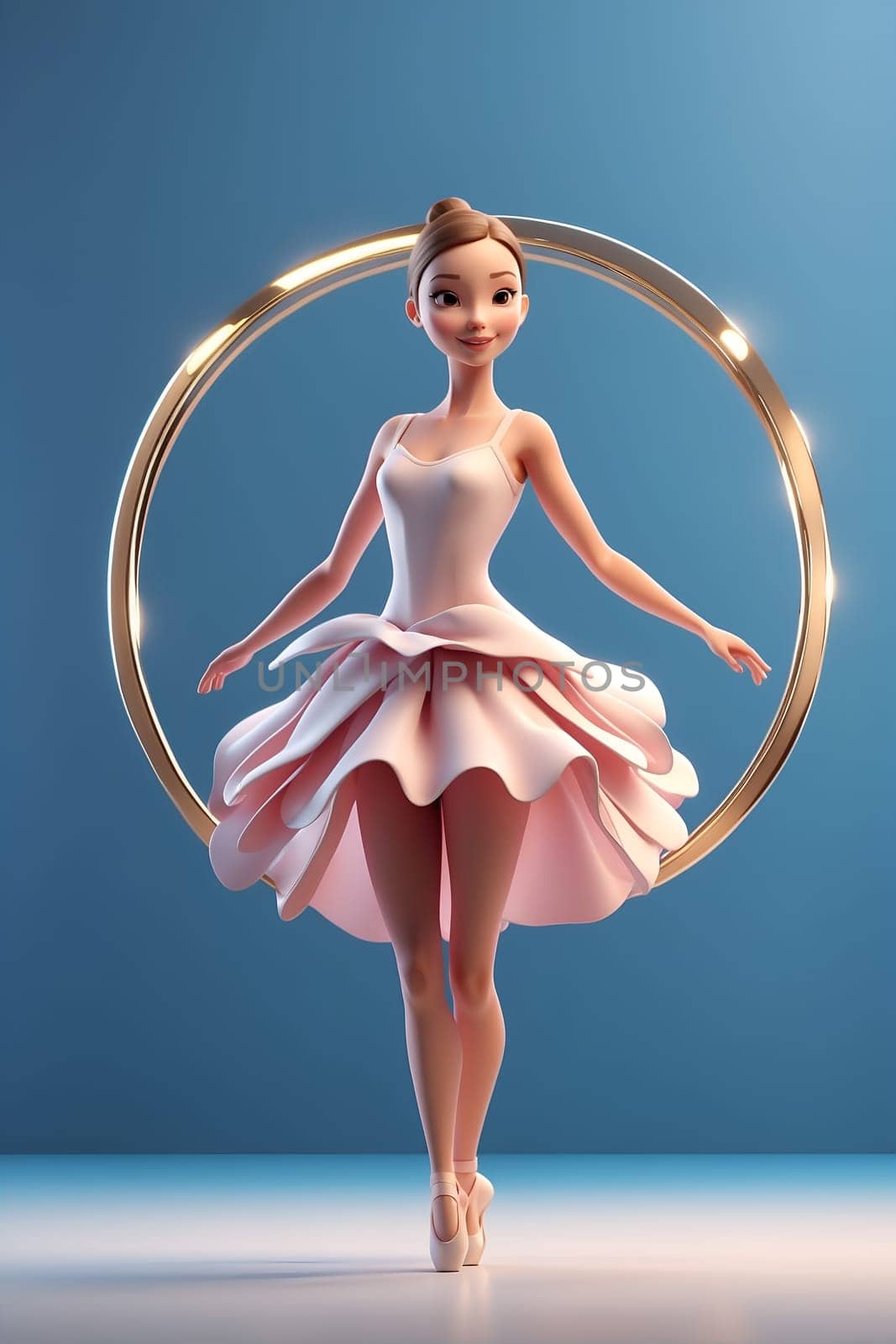 A woman wearing a pink dress stands confidently in front of a perfectly circular object.