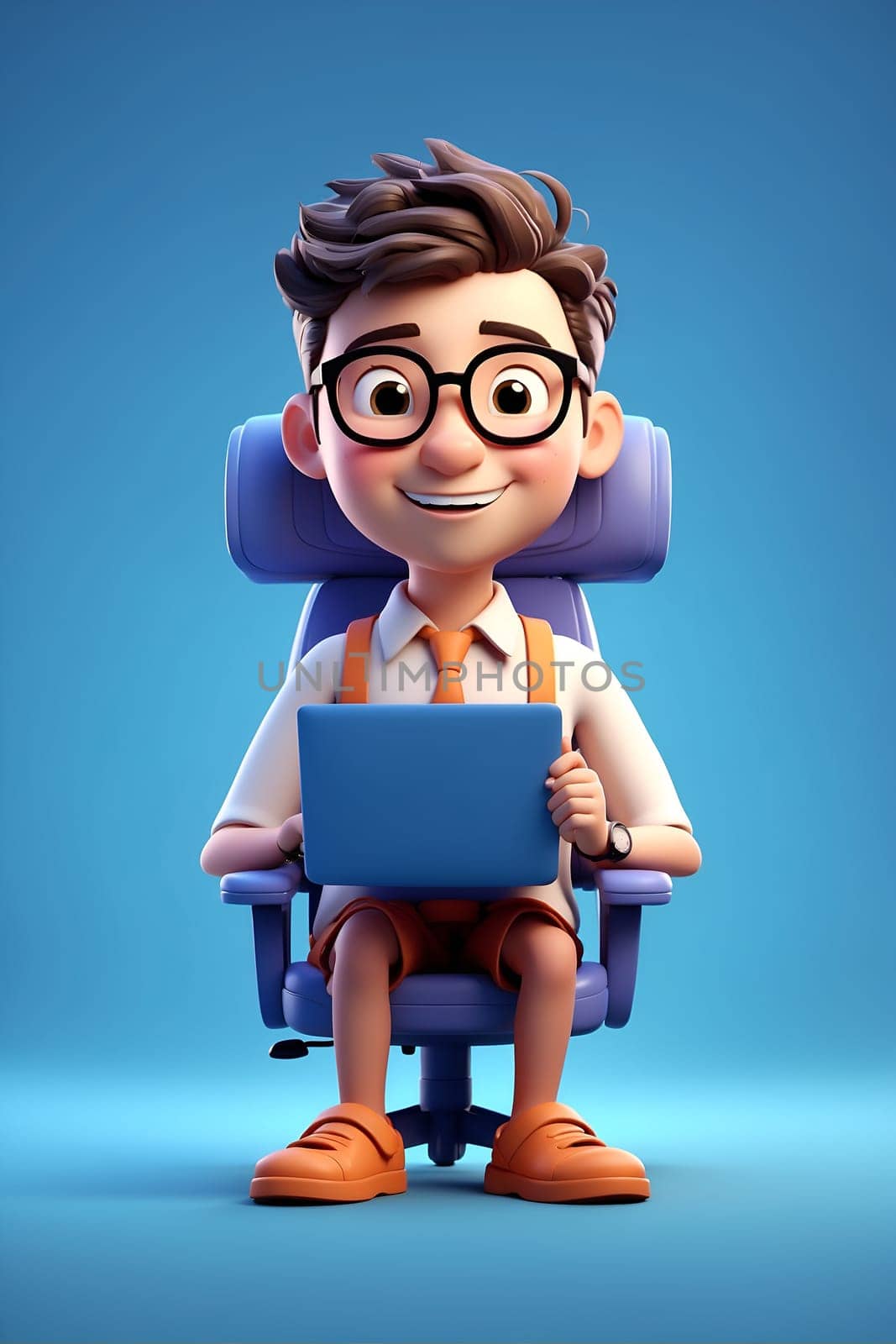 A cartoon character sits in a chair, using a laptop.