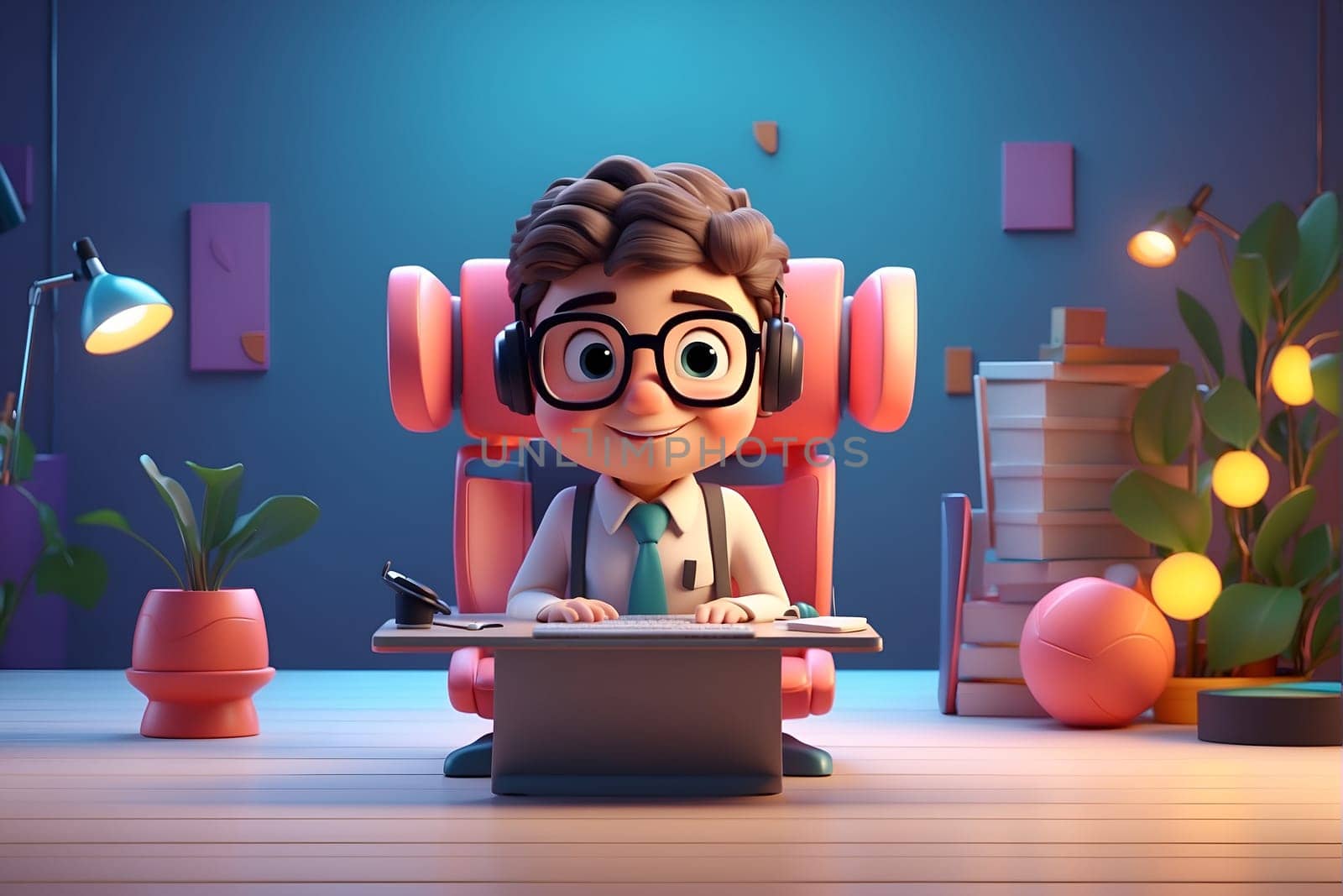 A cartoon character seated on a chair, working on a laptop with a focused expression.