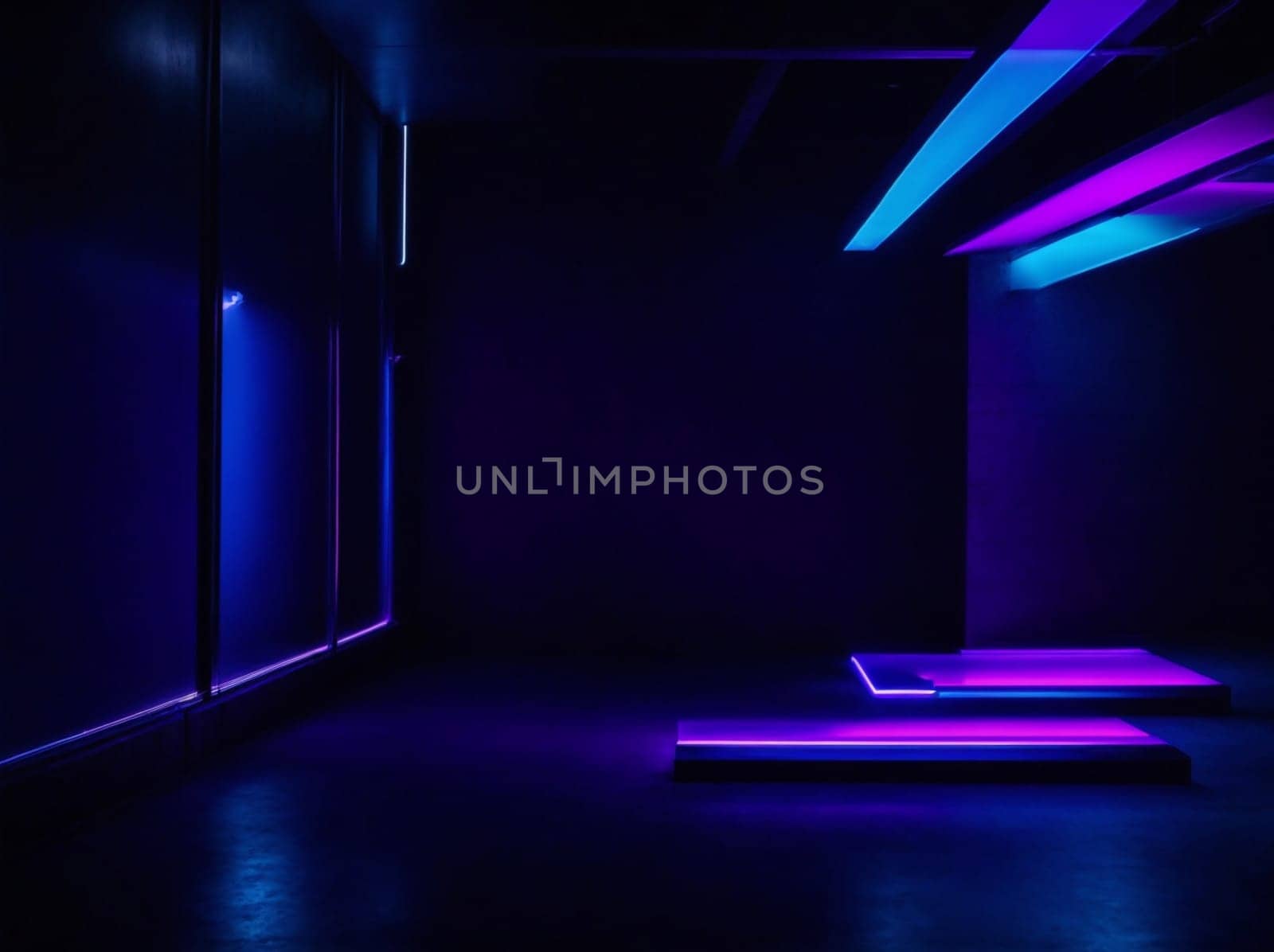 An atmospheric room softly lit by blue and purple hues, creating an intimate and mysterious ambiance.