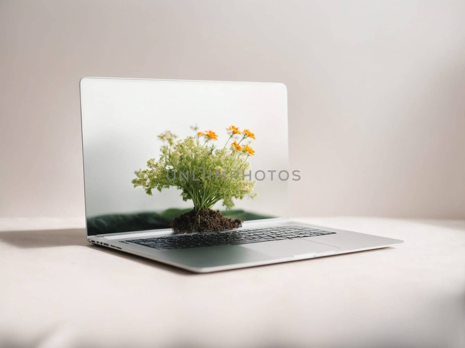 Laptop Computer on White Table, Modern Technology and Productivity. Generative AI. by artofphoto