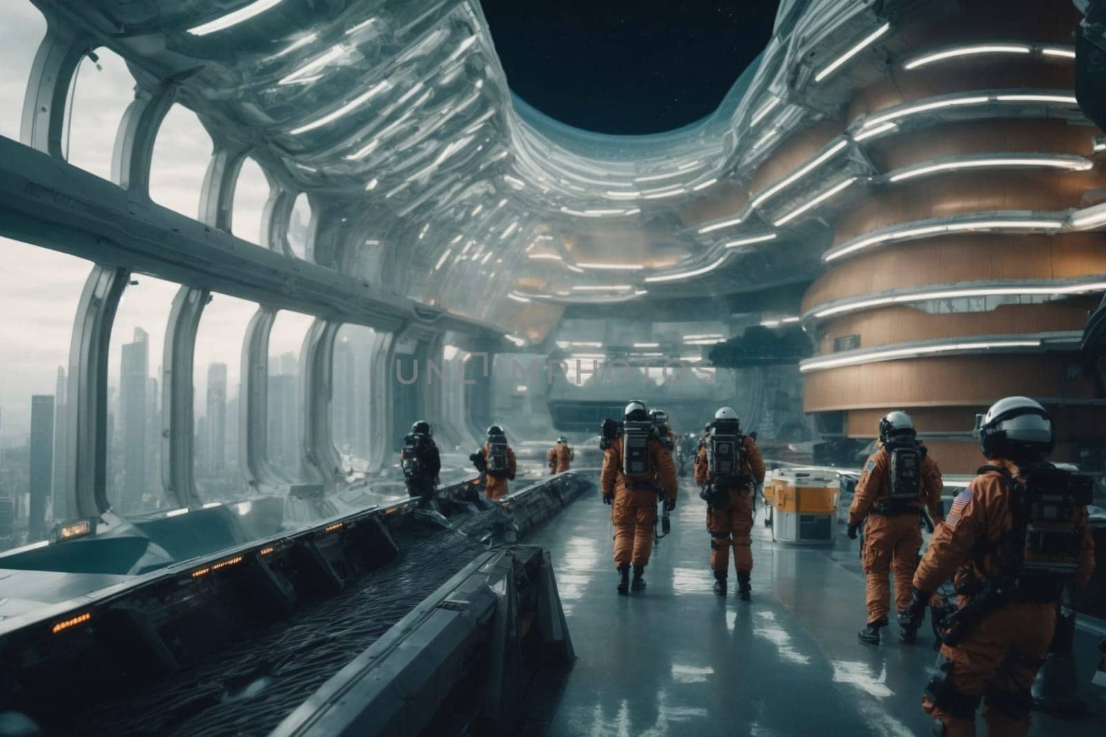 Group of Astronauts in Space Suits Walking Down a Hallway. Generative AI. by artofphoto