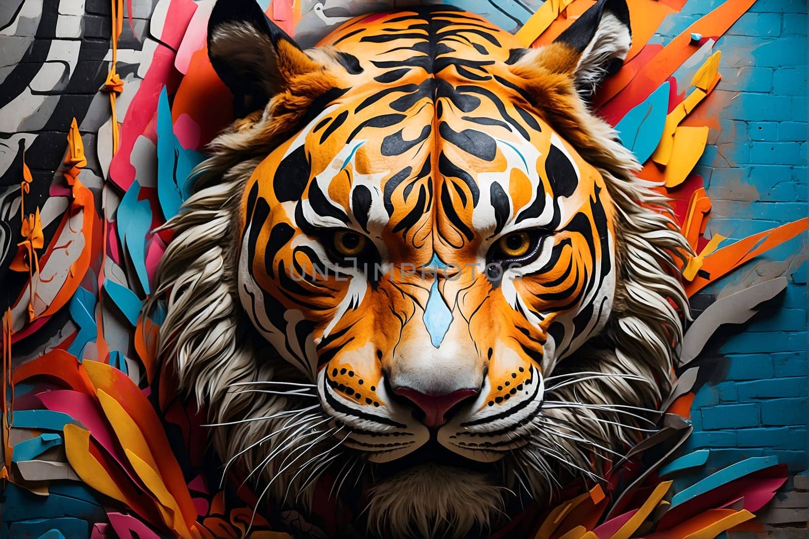 A vibrant painting of a tiger displayed on a brick wall.