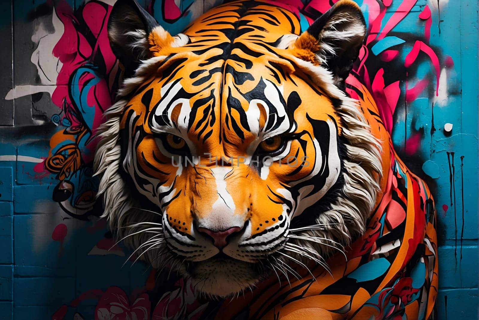 A striking, lifelike depiction of a large tiger painted on the side of a building, capturing the beauty and strength of this iconic wild animal.