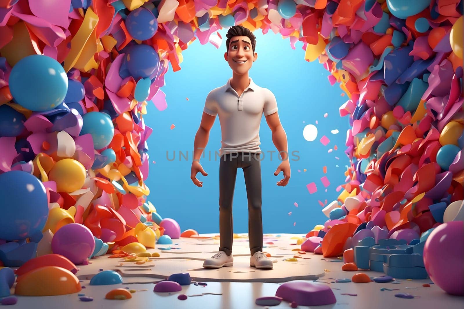 A man stands confidently in a tunnel created by colorful balloons surrounding him.