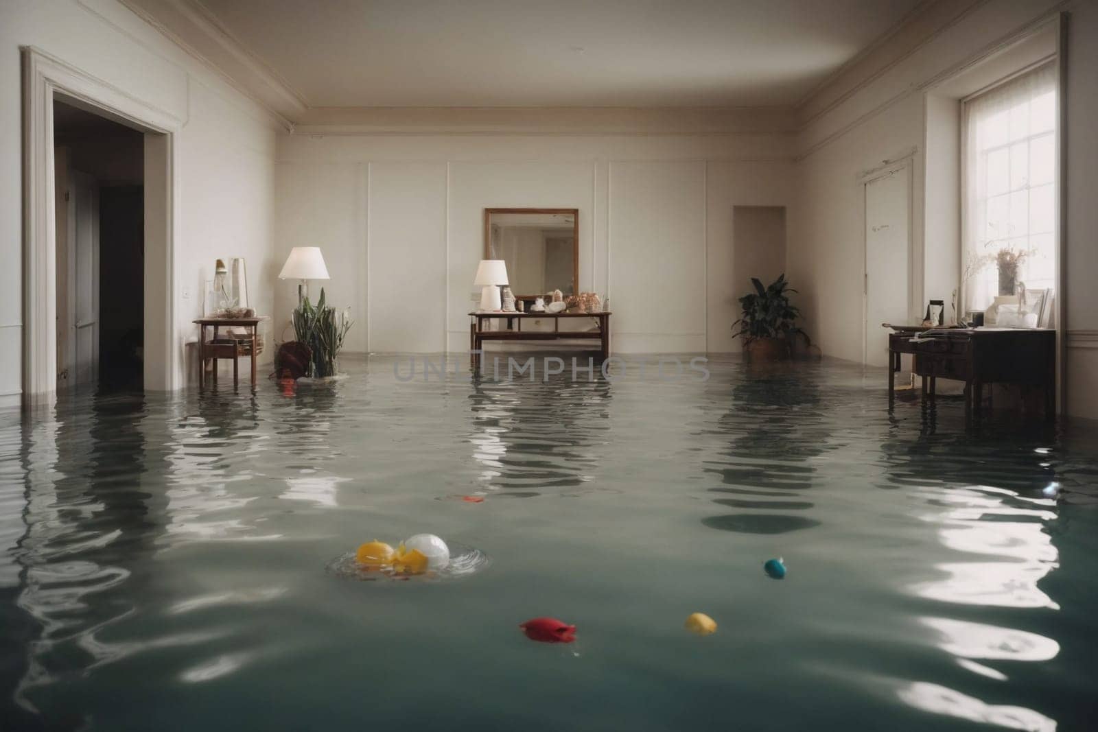 A living room filled with water, showcasing tables and chairs partially submerged due to flooding.
