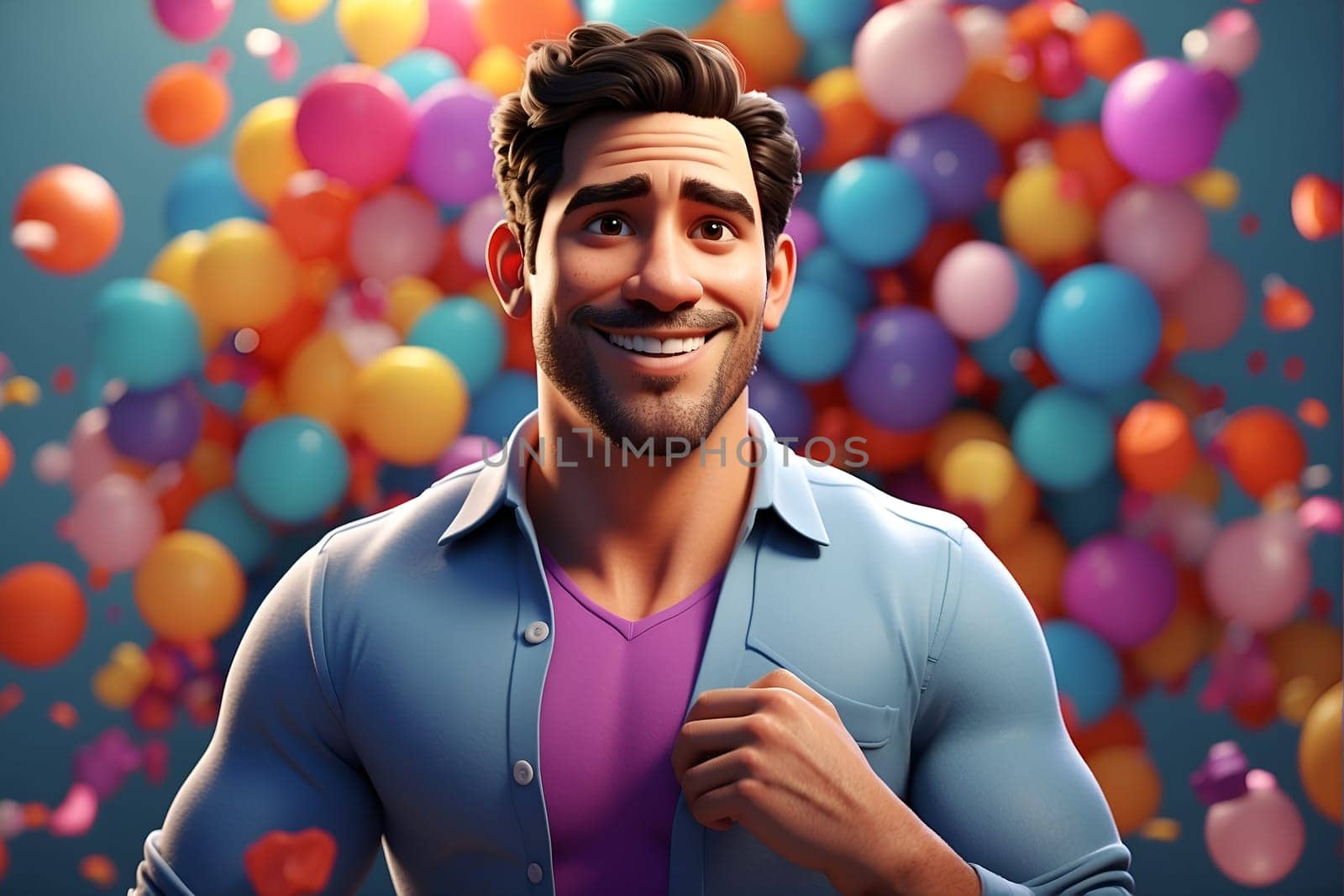 A man stands confidently in front of a vibrant bunch of balloons, creating a festive atmosphere at an outdoor event.