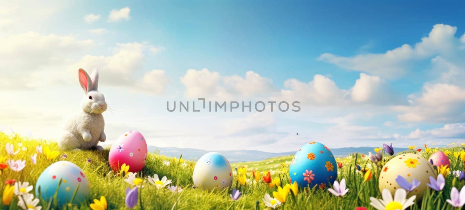 Bunny with Easter eggs in a flower meadow
