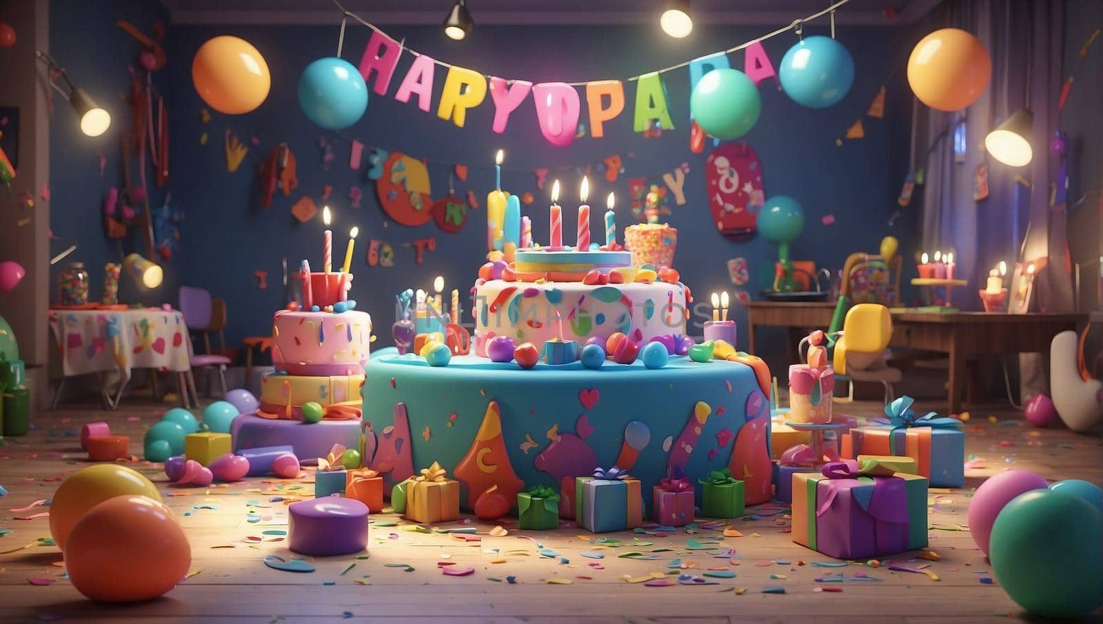 Colorful Birthday Cake Surrounded by Balloons and Confetti. Generative AI. by artofphoto