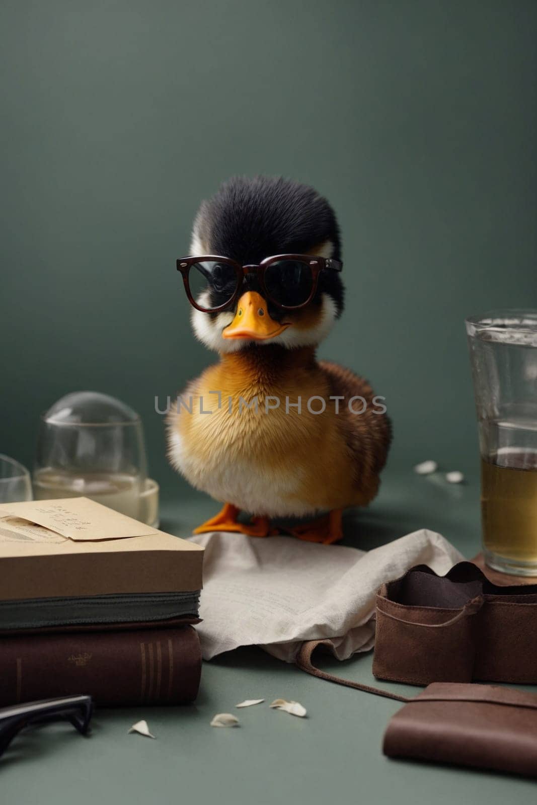 A duck wearing glasses sits on top of a table, showcasing its unique accessory.