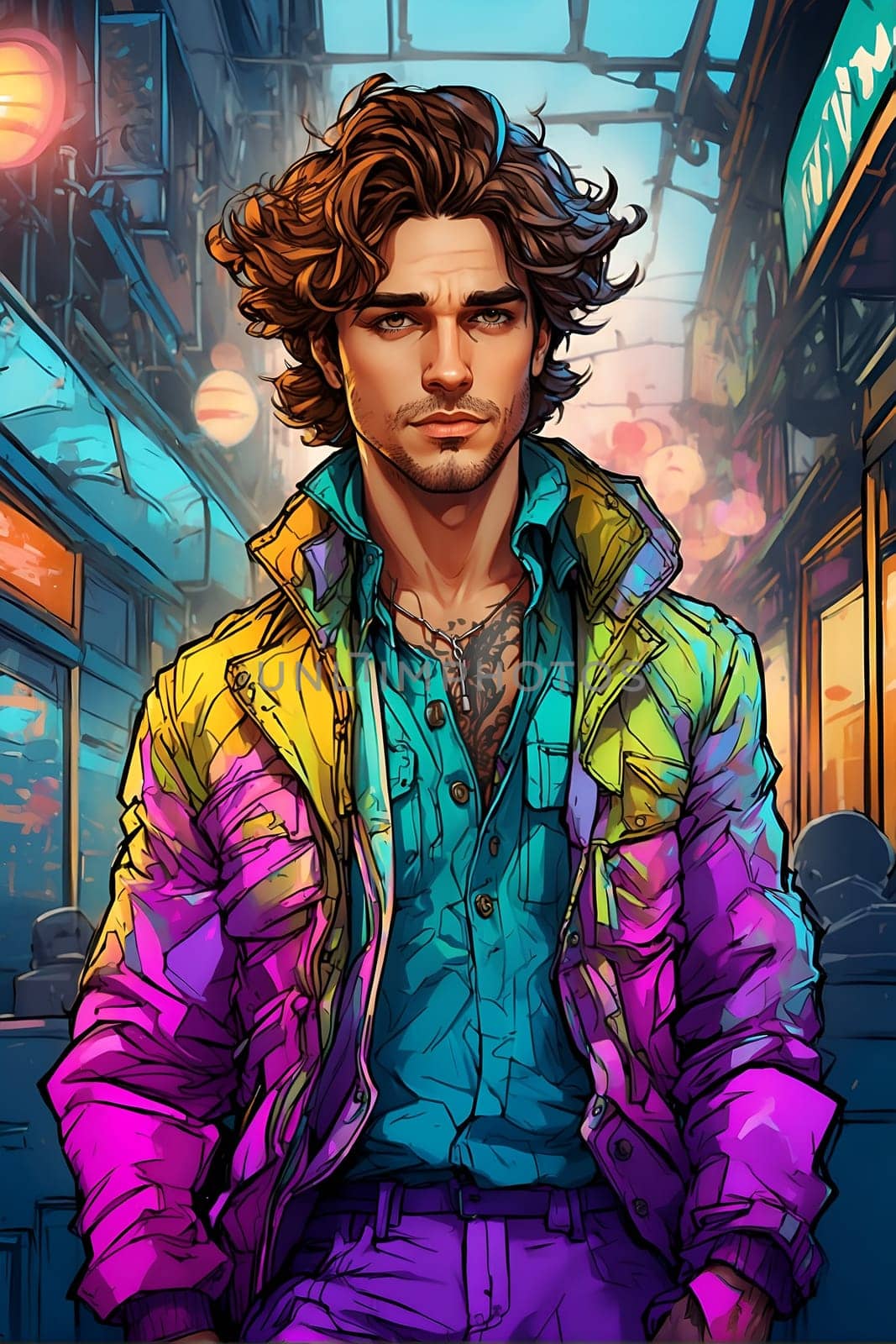 A detailed drawing of a man wearing a vibrant and eye-catching jacket.