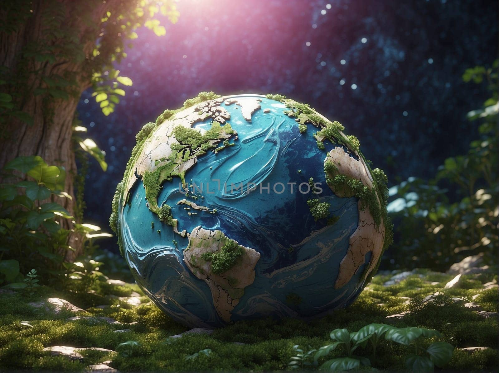 A Blue Earth Amidst a Forest. Generative AI. by artofphoto