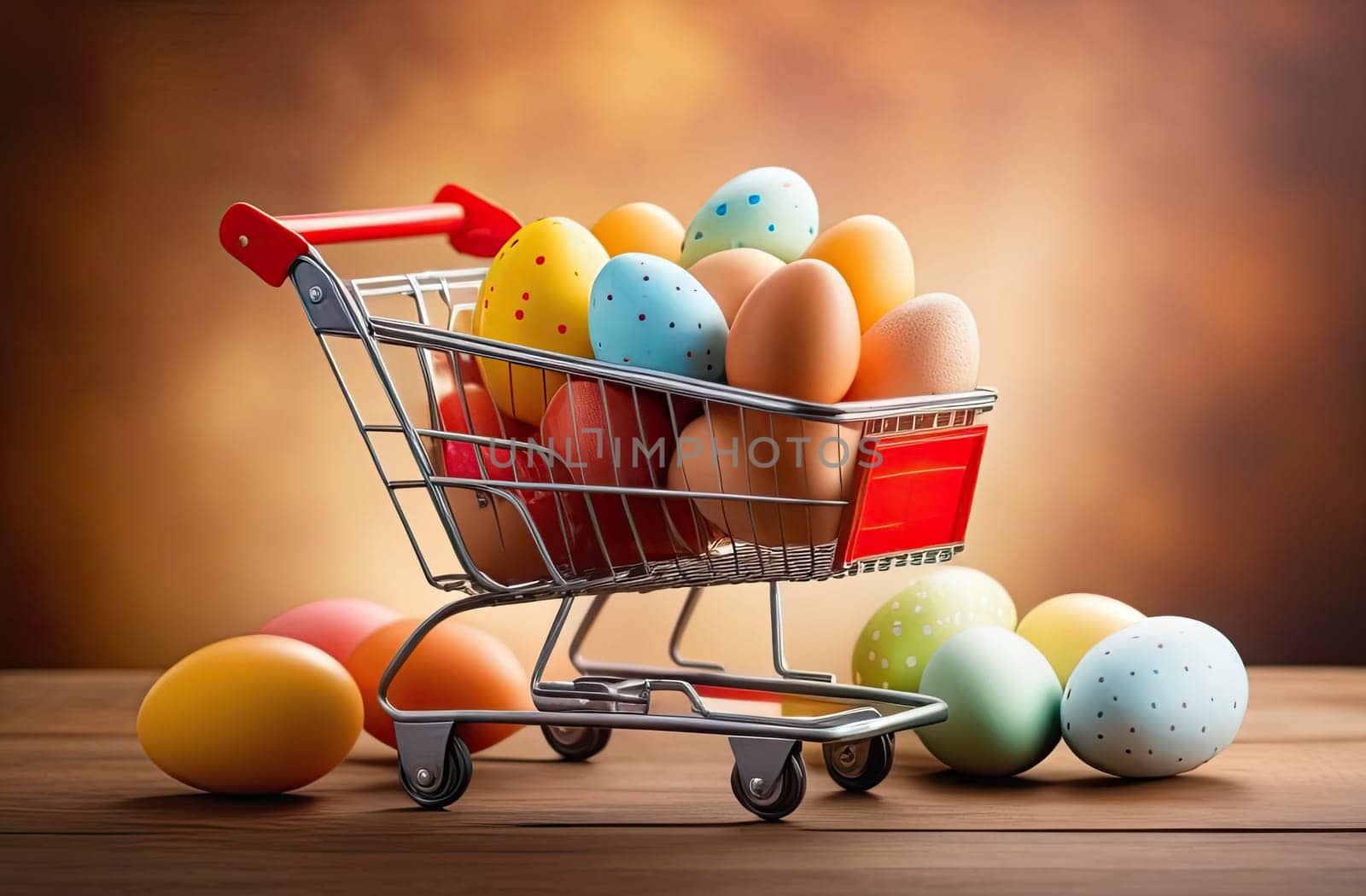 Easter concept. Grocery cart with colorful Easter eggs on an orange background. A basket full of eggs. Close-up. Layout.