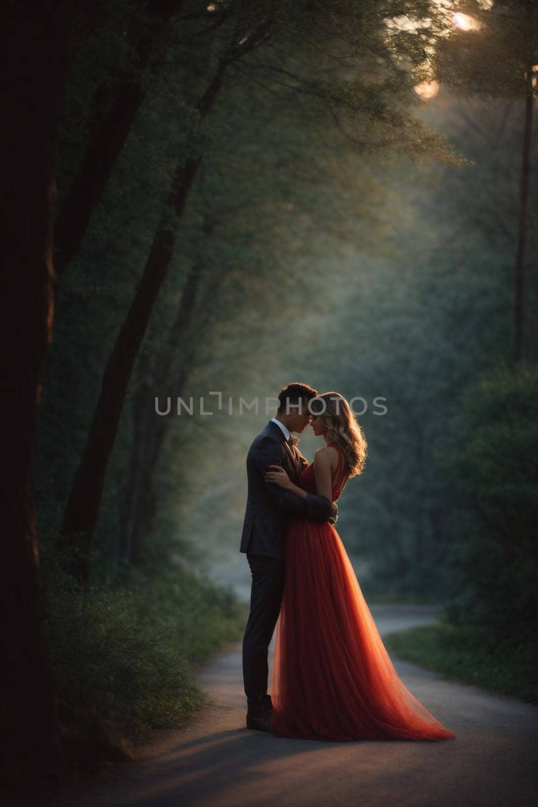 A man and a woman stand together in the center of a road.