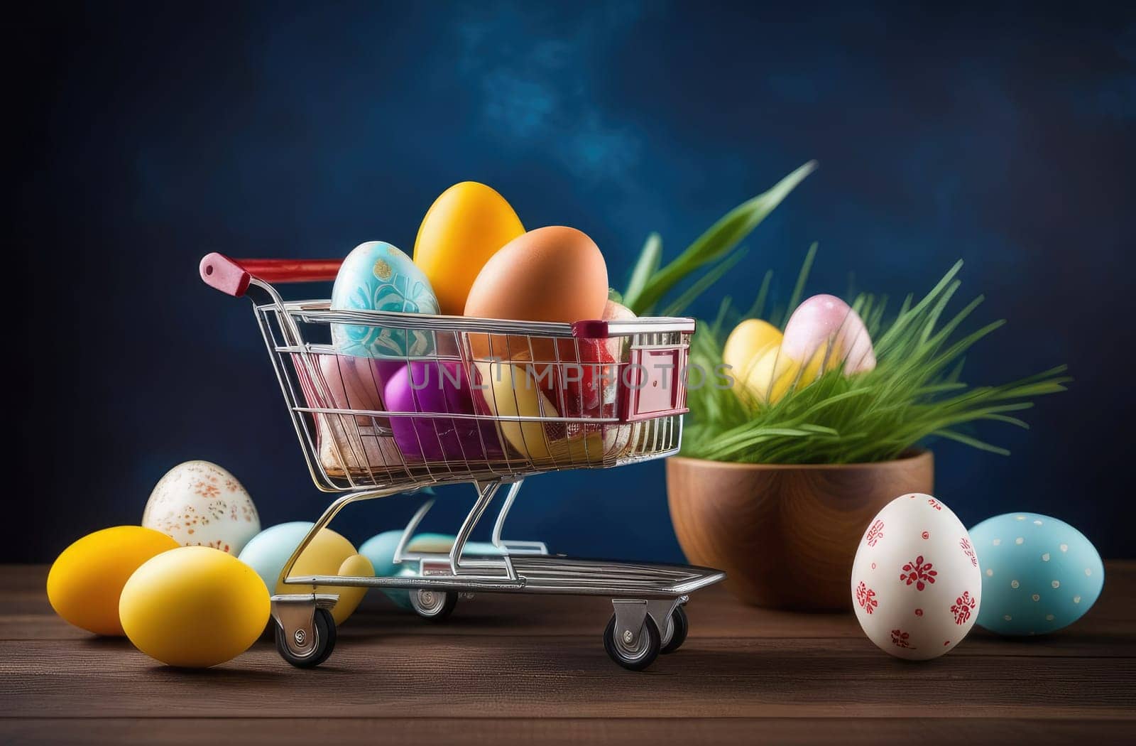 Easter concept. Grocery cart with colorful Easter eggs on a blue background. A basket full of eggs. Egg delivery. Close-up. Layout.