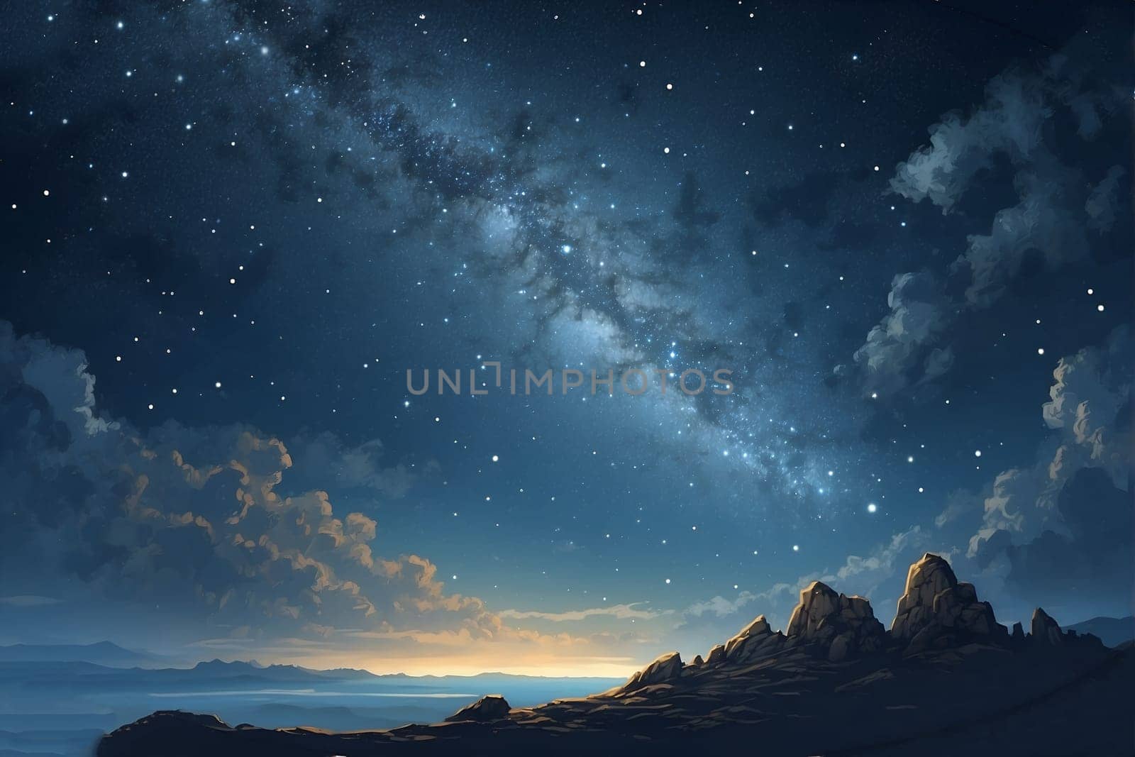 Painting of a Night Sky With Stars and Clouds. Generative AI. by artofphoto