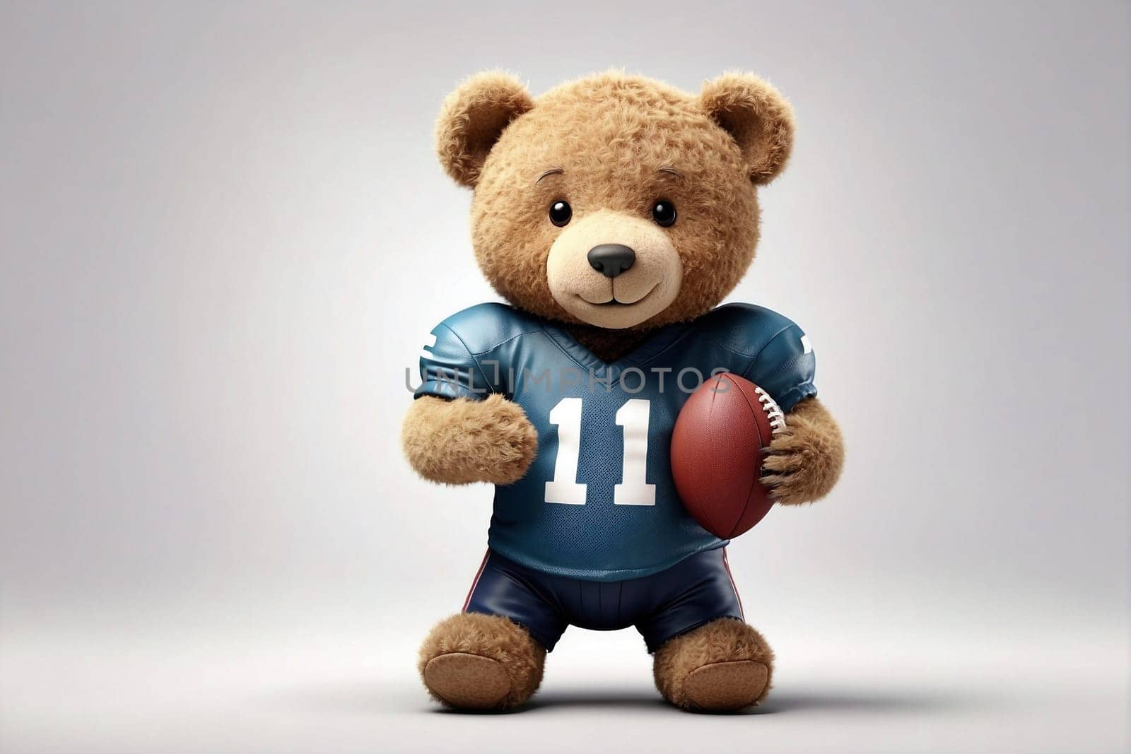 A brown teddy bear holds a football in its paws, showcasing its playful nature.